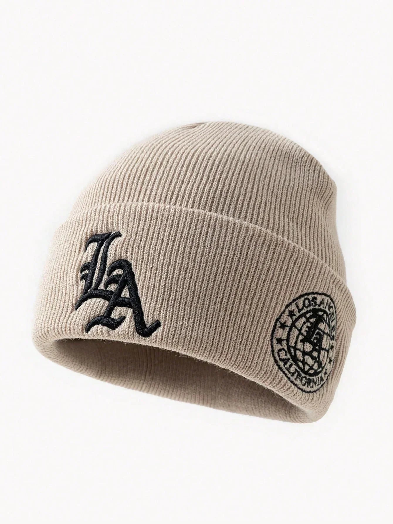 LA embroidered beige cotton beanie with Los Angeles California patch, HUSTLE801 That Girl beanie