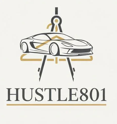 Minimalist HUSTLE801 logo with a luxury sports car sketch in black and gold, geometric accents