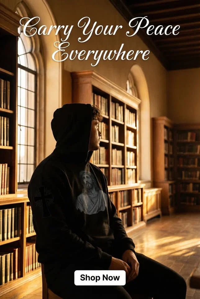 Black cotton Jesus graphic hoodie with cross by HUSTLE801 in a classic library setting