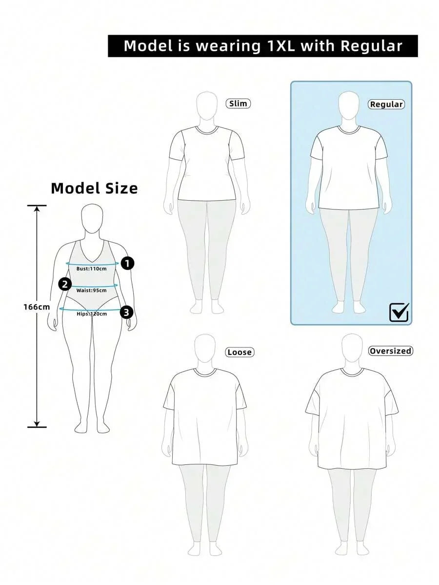 Size chart showing fit options for 1XL regular cotton T-shirt, model height 166cm, bust 110cm, hips 120cm.