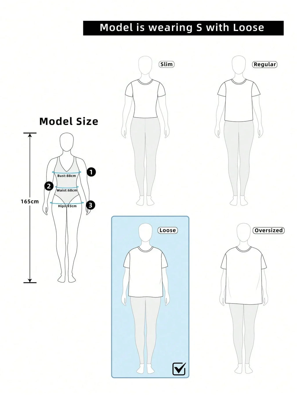 HUSTLE801 loose fit t-shirt size guide chart, white cotton, model size details 165cm
