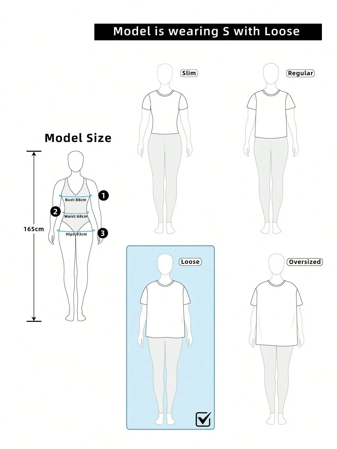 HUSTLE801 loose fit t-shirt size guide chart, white cotton, model size details 165cm