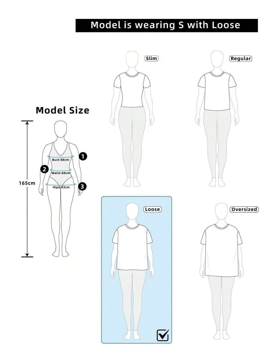 Sizing chart with illustrations showing slim, regular, loose, and oversized HUSTLE801 cotton t-shirt fits, model measurements included.