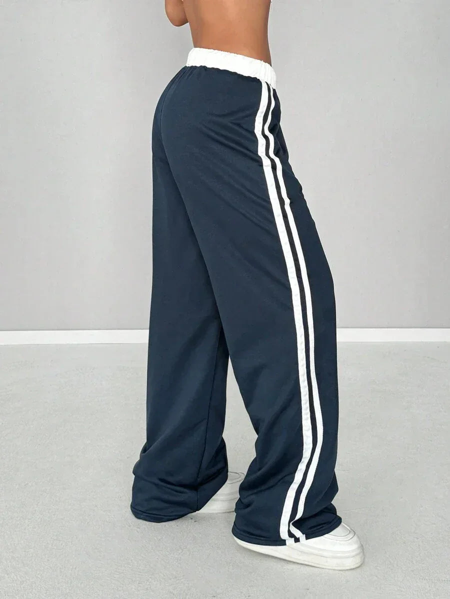 Navy cotton track pants with white stripes and elastic waistband, HUSTLE801 That Girl Pants