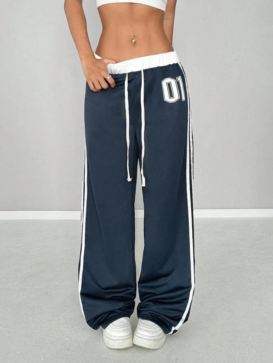 Navy blue cotton baggy track pants with white stripes and 01 logo, HUSTLE801 01 Track Pants
