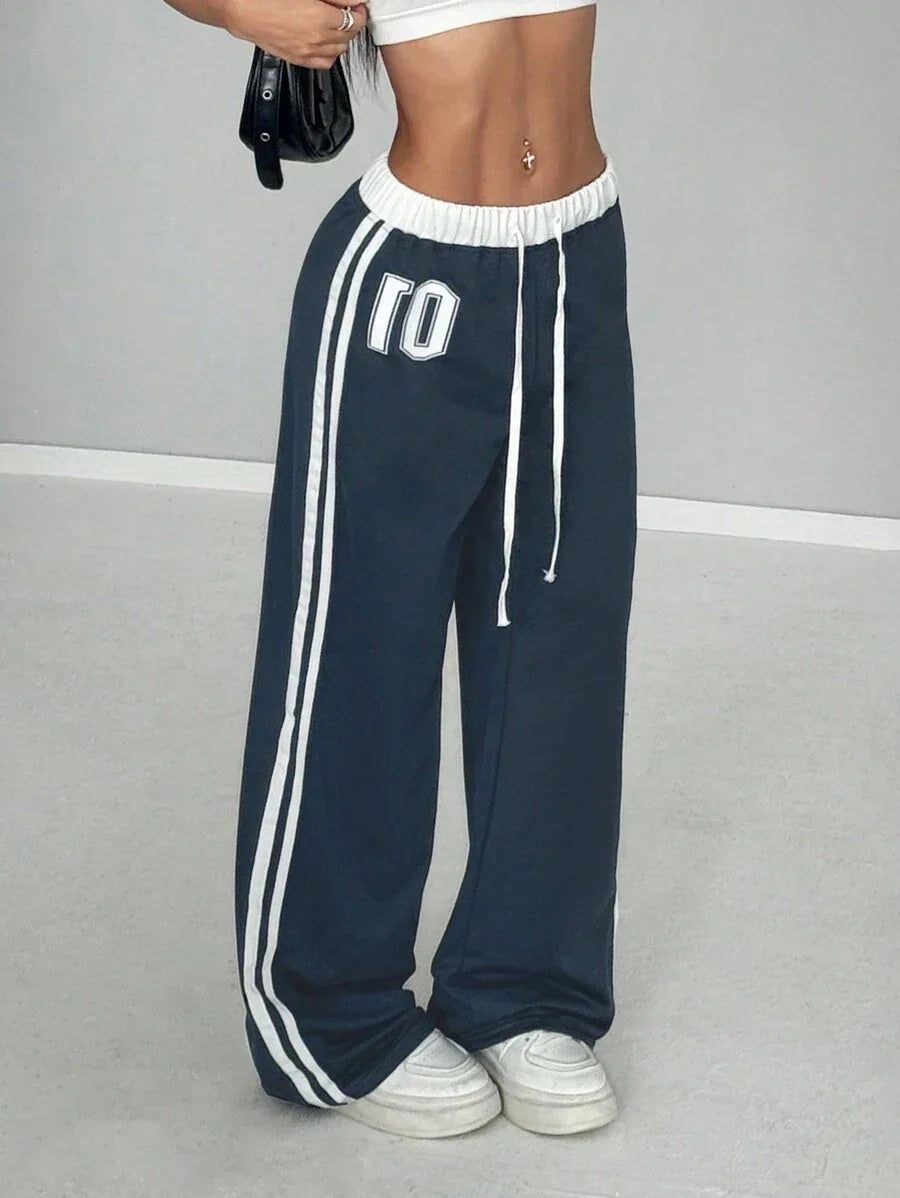 HUSTLE801 801 Baggy Sweatpants navy blue cotton with white stripes and logo, relaxed fit streetwear