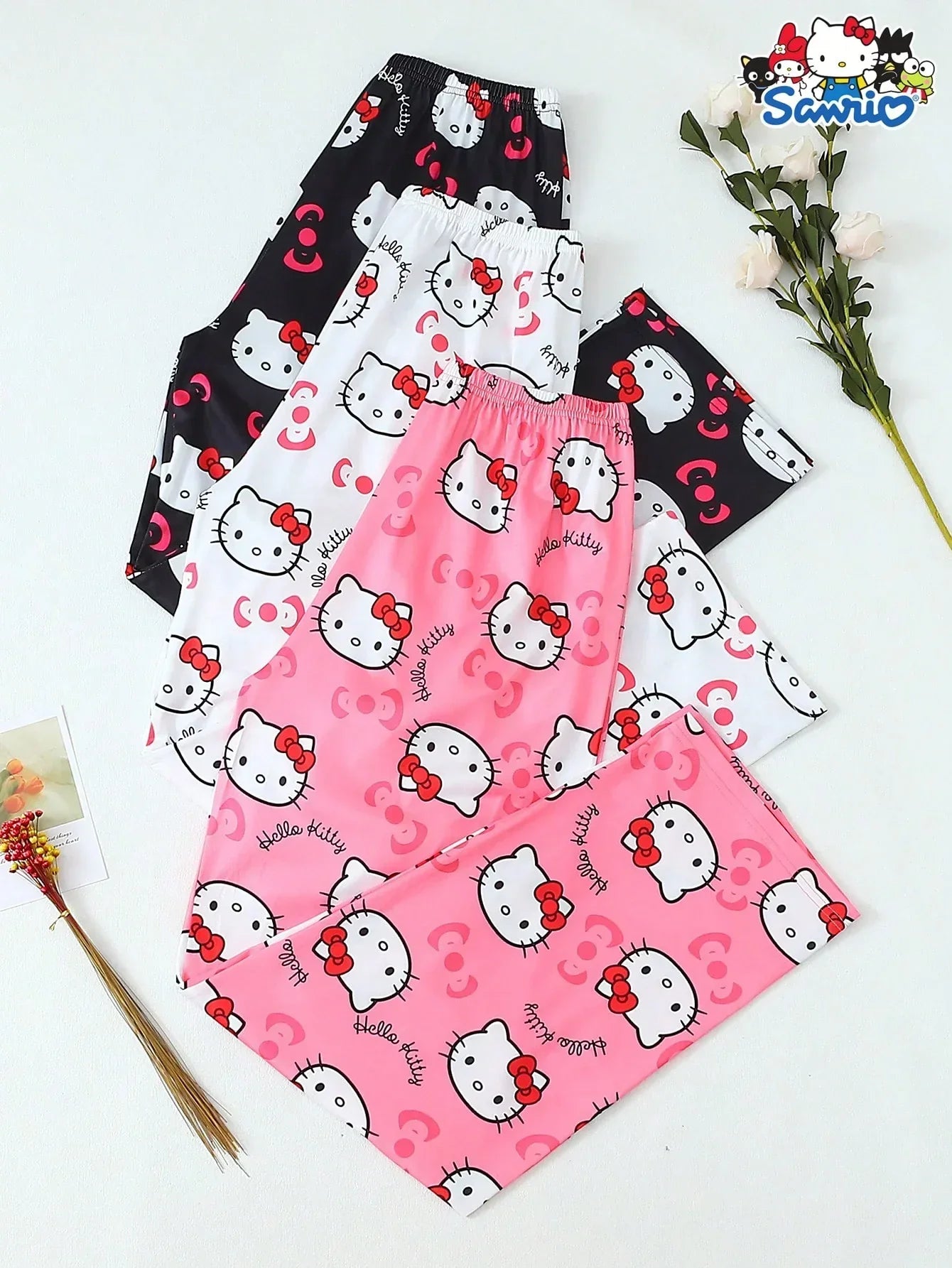 Hello Kitty pajama pants cotton set in pink, white, black with cute print, HUSTLE801 essentials