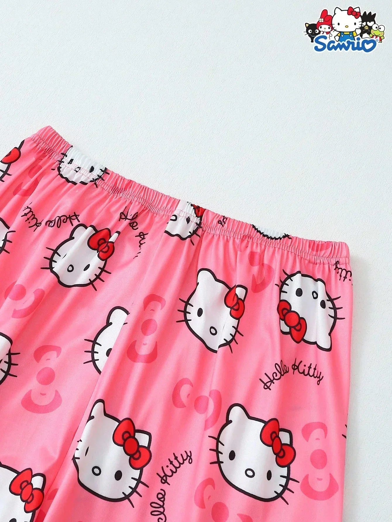 Hello Kitty pajama set by HUSTLE801, pink cotton fabric with Hello Kitty print and elastic waistband