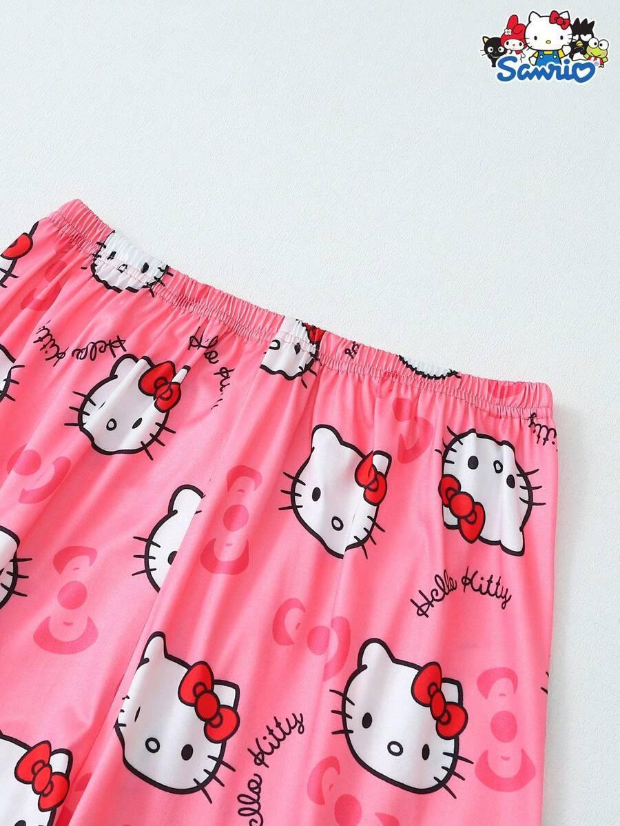 Hello Kitty pajama shorts, pink polyester, Sanrio print, elastic waistband, HUSTLE801