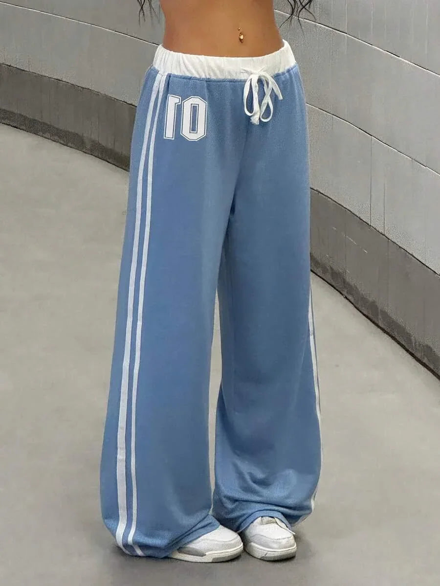 Blue cotton baggy sweatpants with white stripes and 01 print, HUSTLE801 streetwear