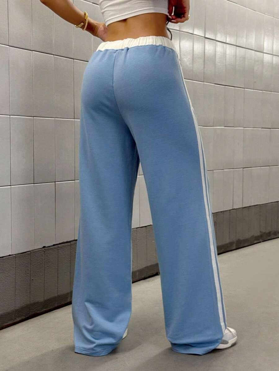 Light blue cotton wide-leg sweatpants with white stripes and elastic waistband, HUSTLE801 streetwear