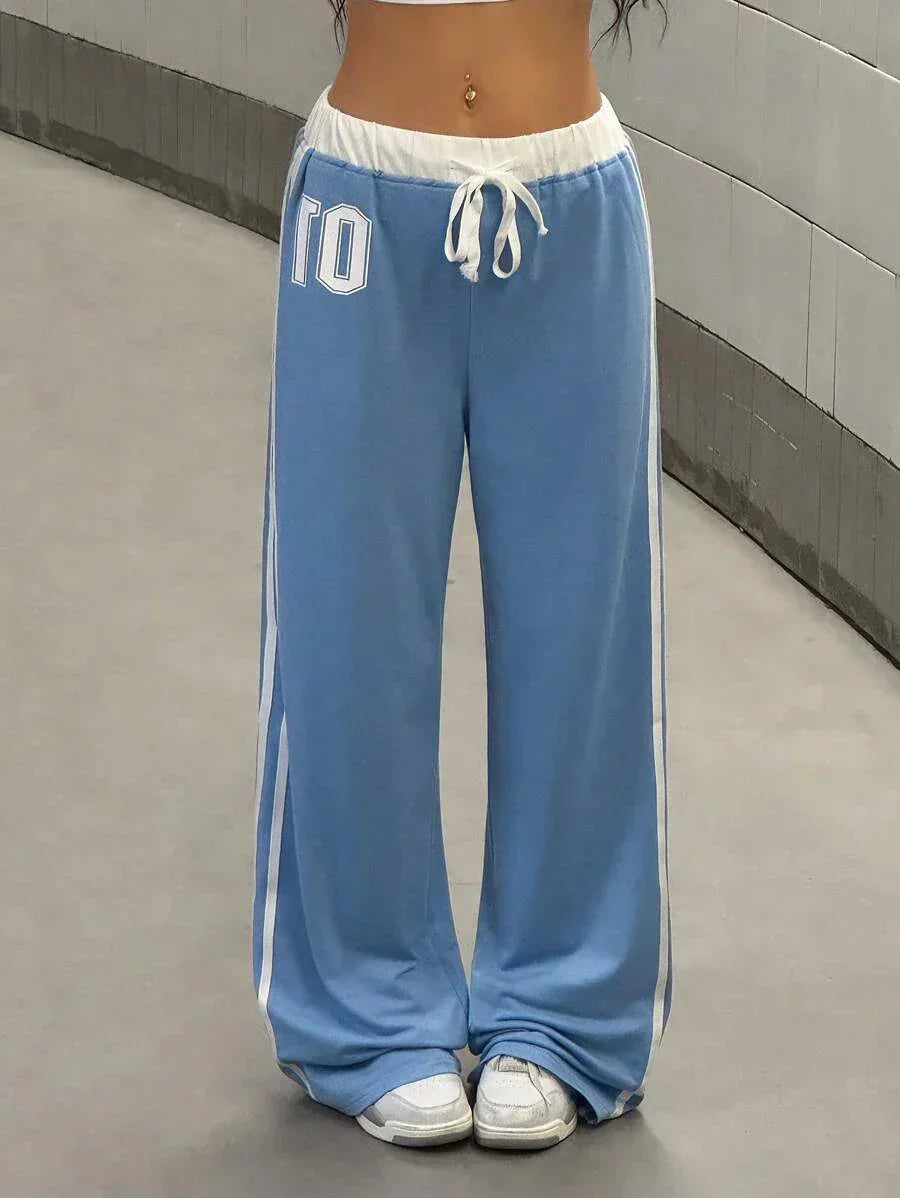 Light blue cotton wide-leg sweatpants with white stripes and '801' detail, HUSTLE801