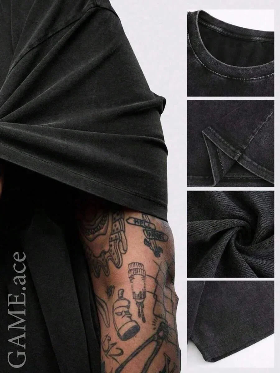GAME.ace black cotton tee with visible tattoos, close-up details of soft fabric and stitching