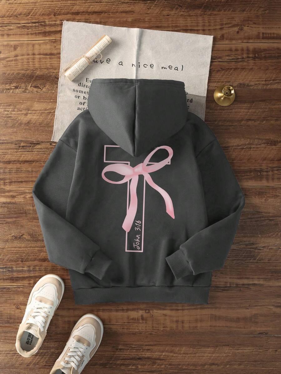 Dark gray cotton hoodie with pink cross and bow John 3:16 design, casual streetwear, HUSTLE801