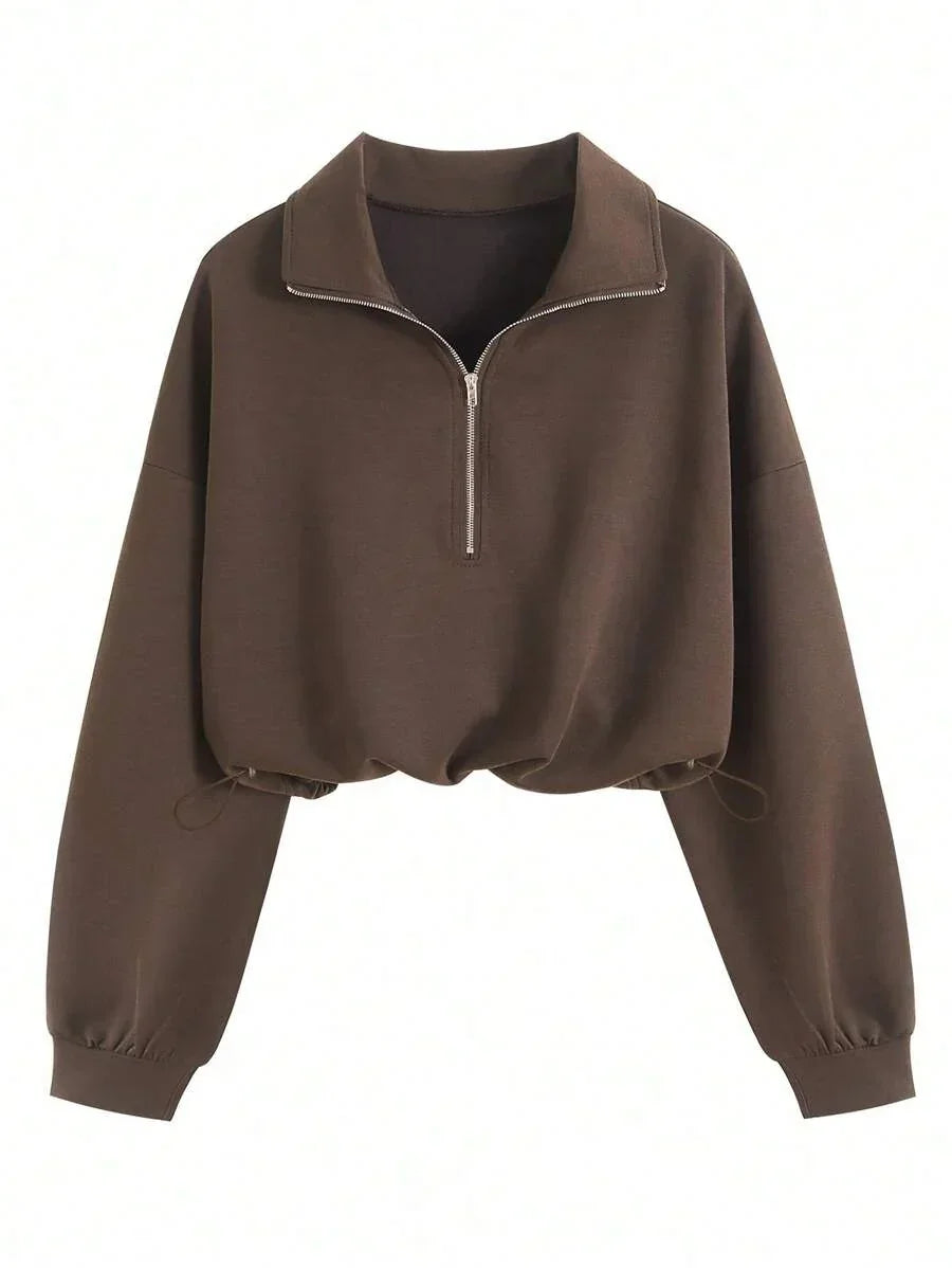 Brown cotton half-zip pullover with collar and drawstring waist, HUSTLE801 zip sweater
