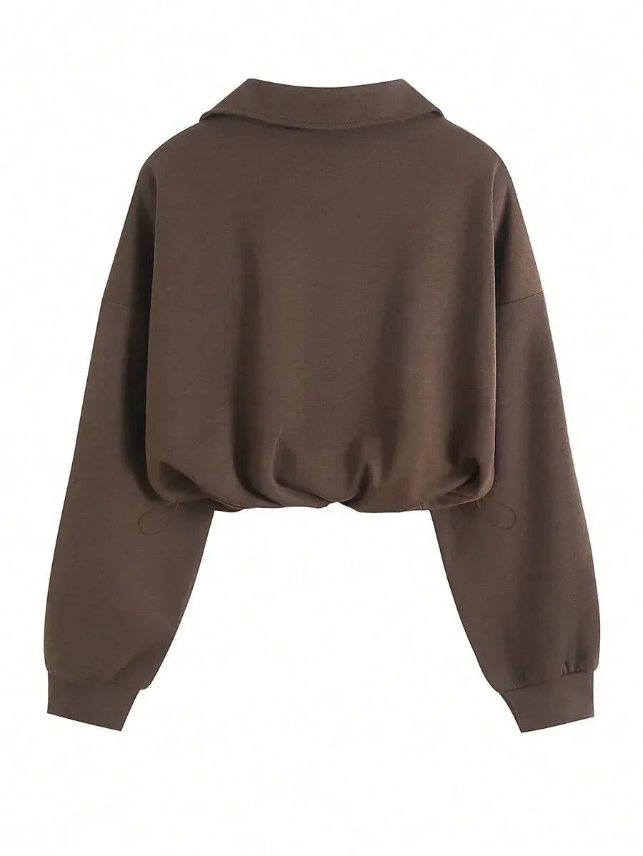 Brown cotton collared cropped sweatshirt HUSTLE801, long sleeves, cozy streetwear style