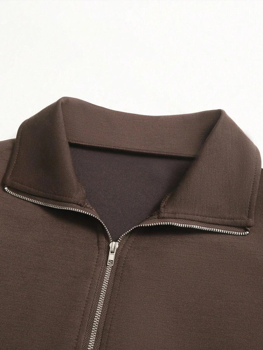 Brown cotton zip-up jacket with collar HUSTLE801, minimalist style