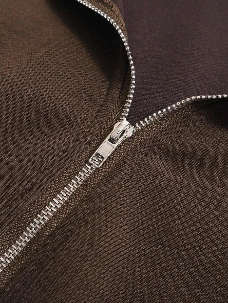 Brown cotton zip-up hoodie closeup with silver zipper, HUSTLE801, streetwear essentials