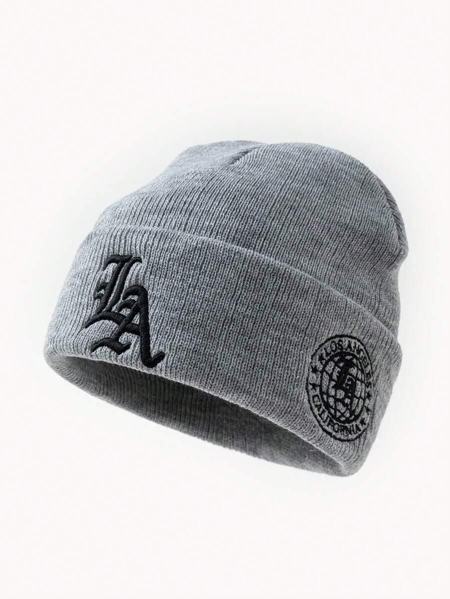 Gray cotton Los Angeles beanie with black embroidered LA logo and globe patch, HUSTLE801