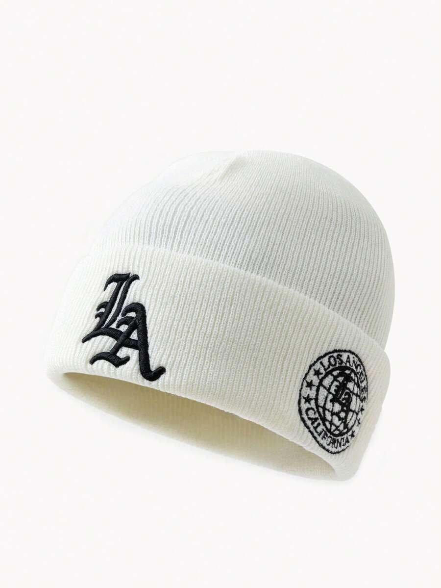 White knit cotton LA beanie with black embroidered Los Angeles logo and patch, HUSTLE801
