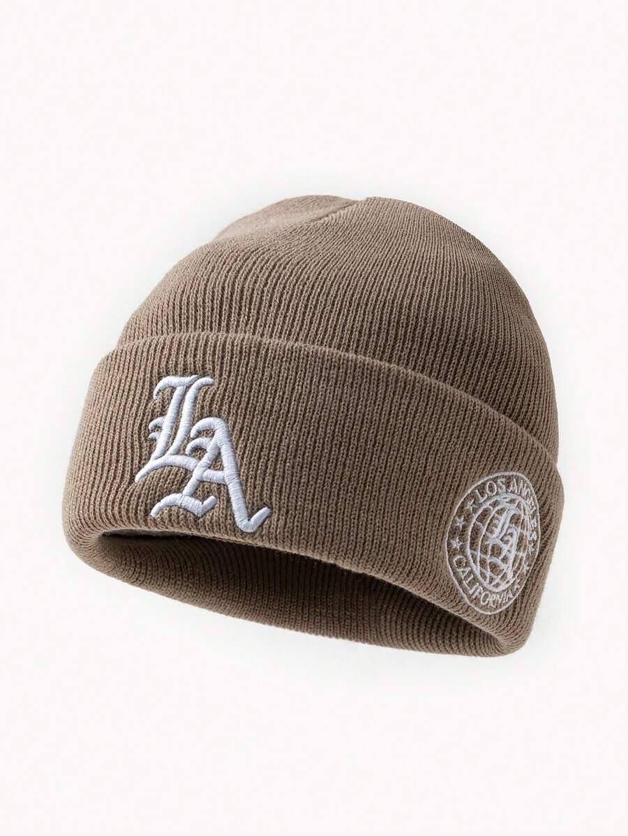 Brown LA knit beanie with white Los Angeles embroidery, cotton material, cozy streetwear style