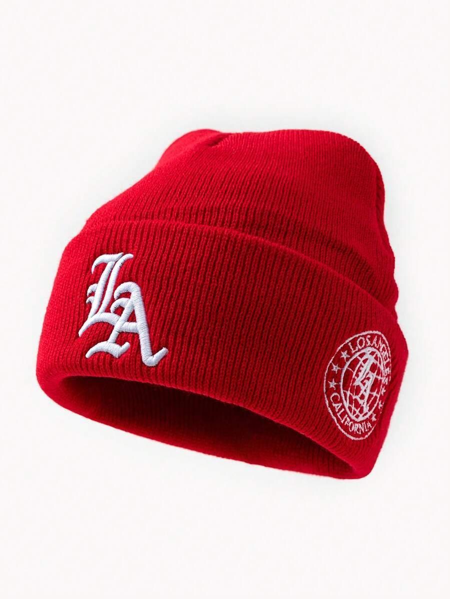 Red knit LA beanie with white Los Angeles embroidery, cotton material, streetwear accessory