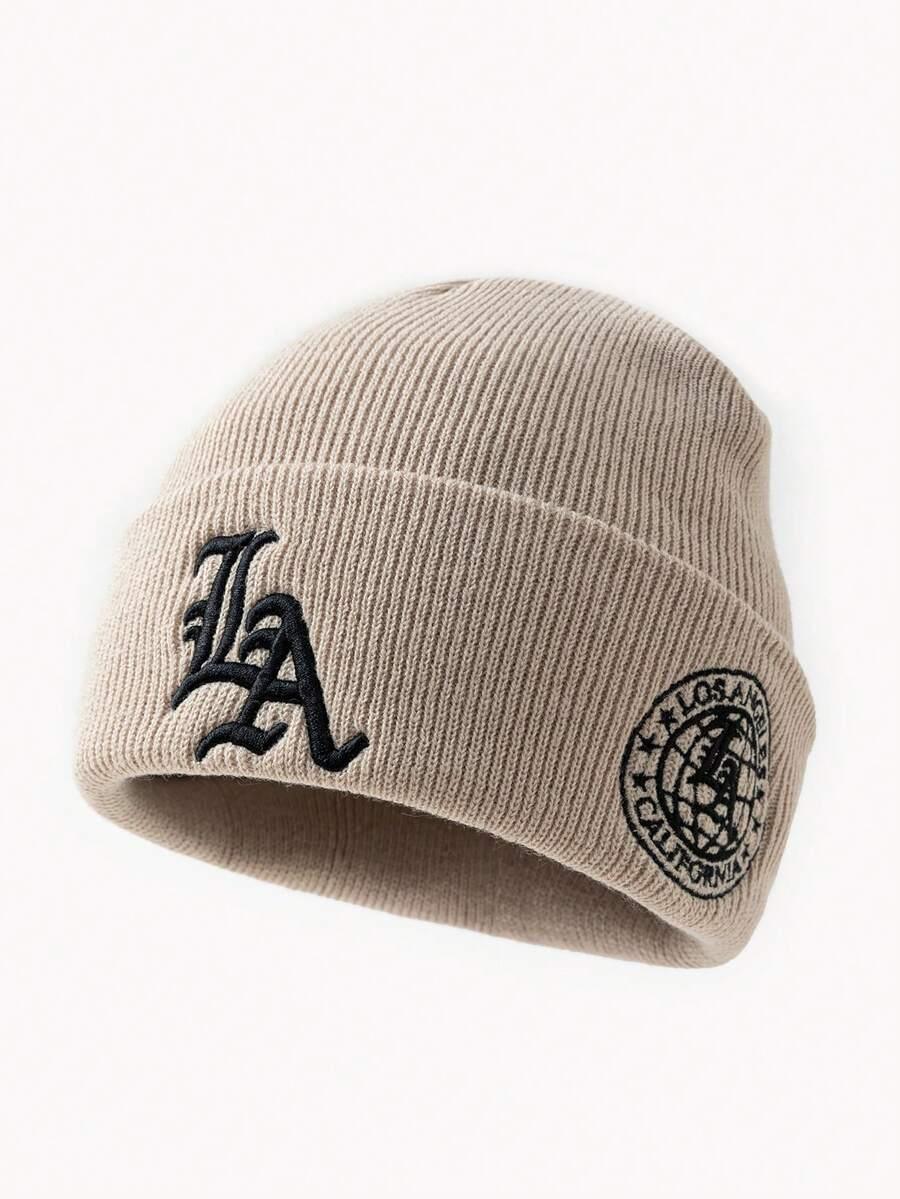 Taupe LA embroidered cotton beanie with Los Angeles California patch, HUSTLE801 cozy streetwear