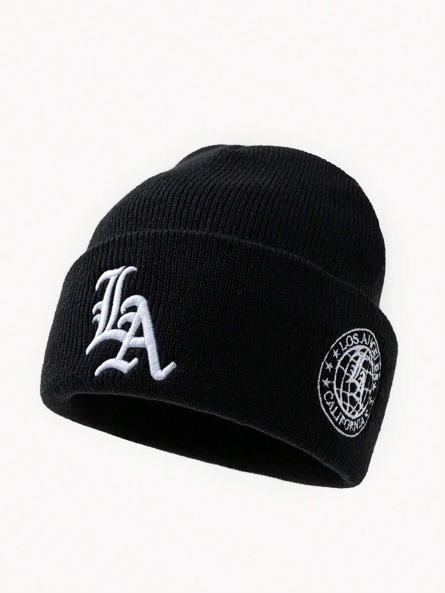 HUSTLE801 LA Beanie black knit cotton hat with white Los Angeles embroidery, streetwear style