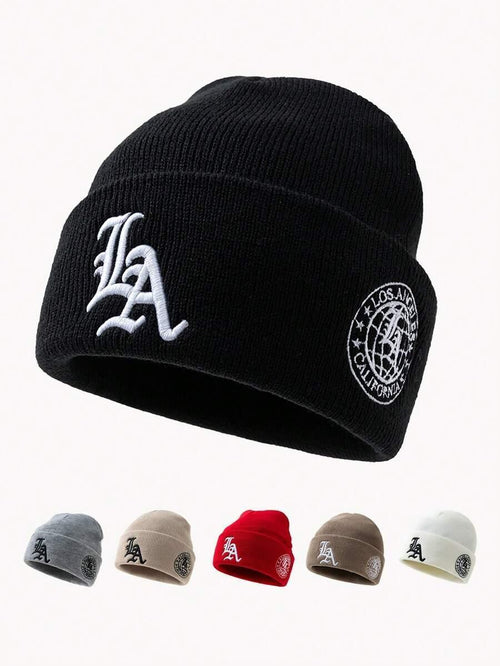 Black LA embroidered knit beanie with logo patch, cotton material, HUSTLE801 beanie collection