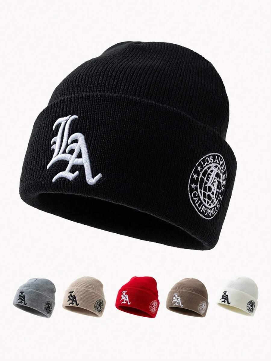 LA embroidered knit beanie hat in black cotton, Los Angeles patch, multiple colors, streetwear