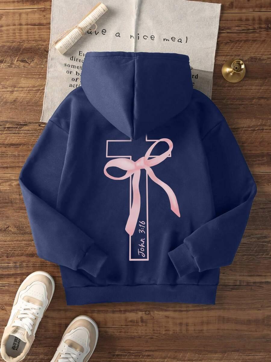 Navy blue cotton hoodie with cross and pink ribbon John 3:16 design, HUSTLE801 apparel