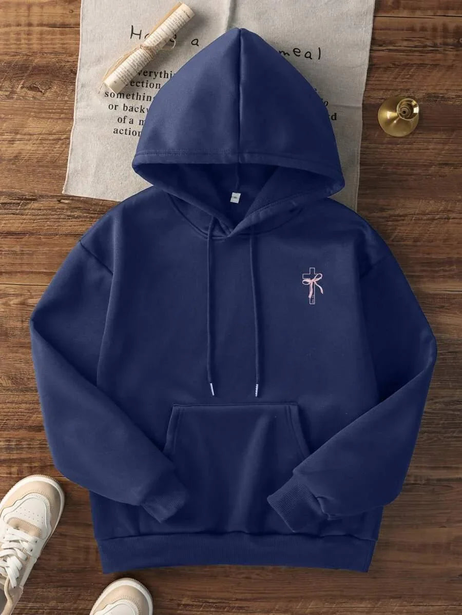 Navy blue cotton hoodie with front pocket and small pink bow embroidery, HUSTLE801 cross hoodie