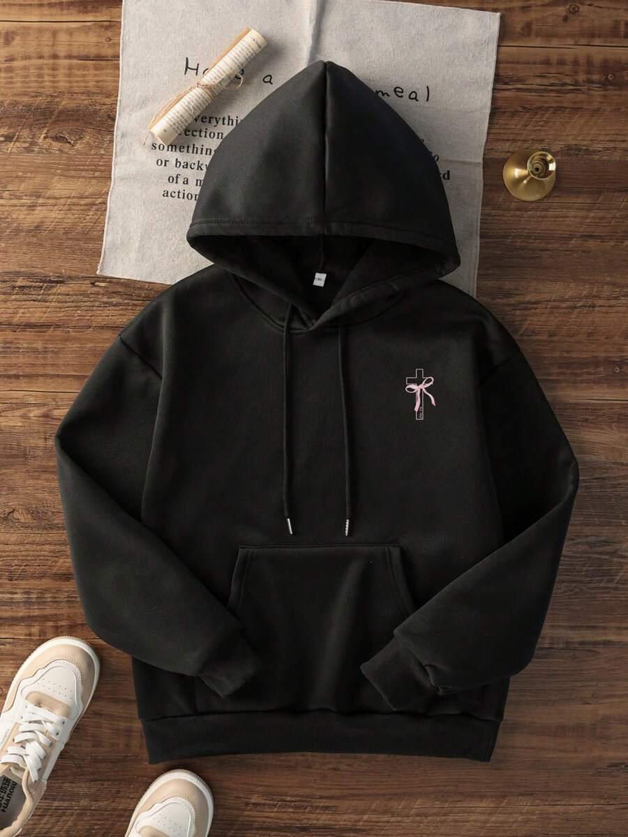 Black cotton HUSTLE801 Ribbon Bow Hoodie with front pocket and embroidered pink bow design