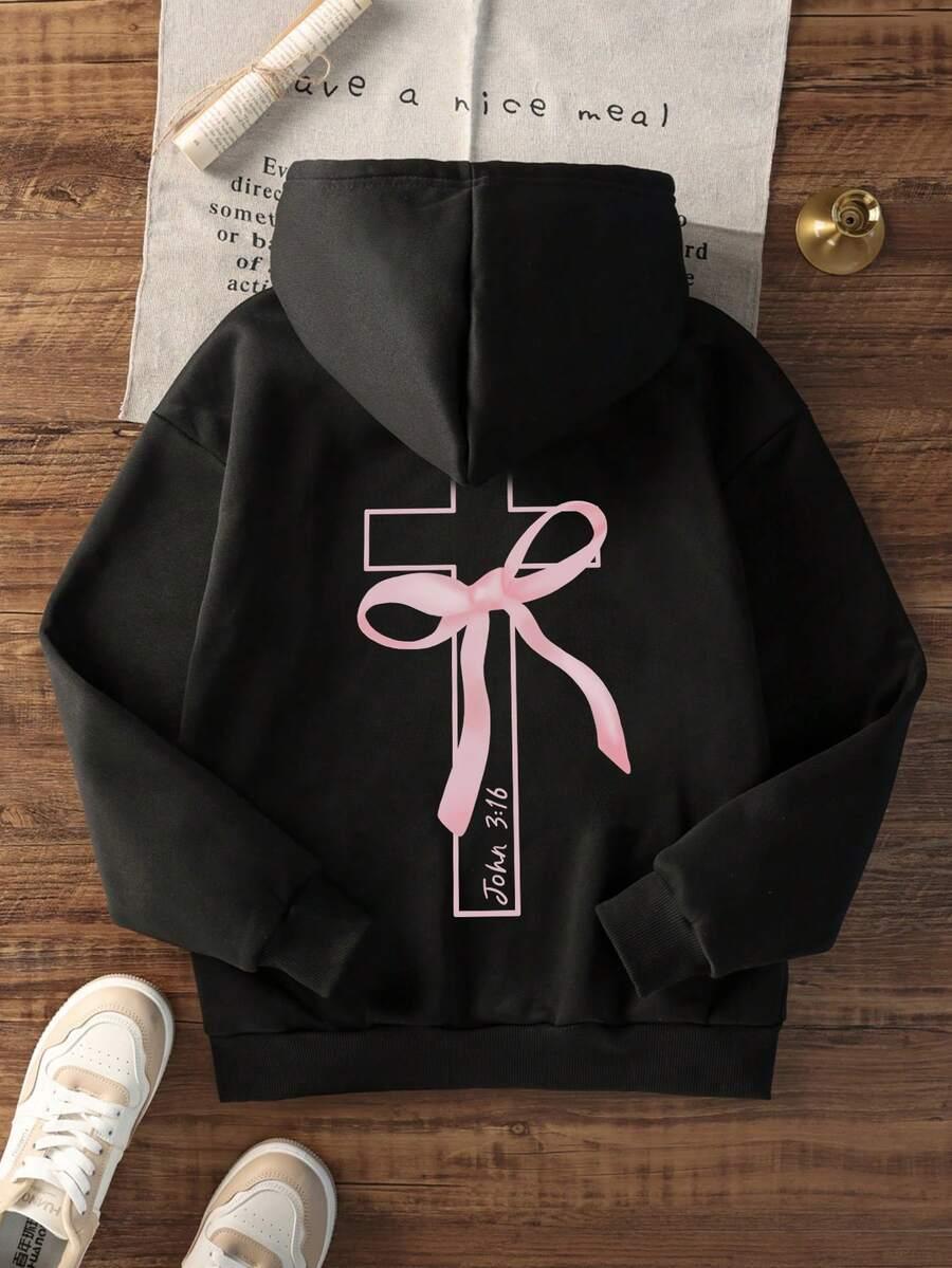 Black cotton hoodie with pink cross and ribbon graphic, John 3:16 text, HUSTLE801 John 3:16 hoodie