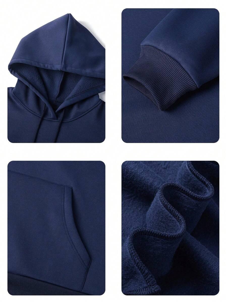 HUSTLE801 That Girl hoodie in navy blue cotton, close-up details of hood, cuff, pocket, soft fleece lining