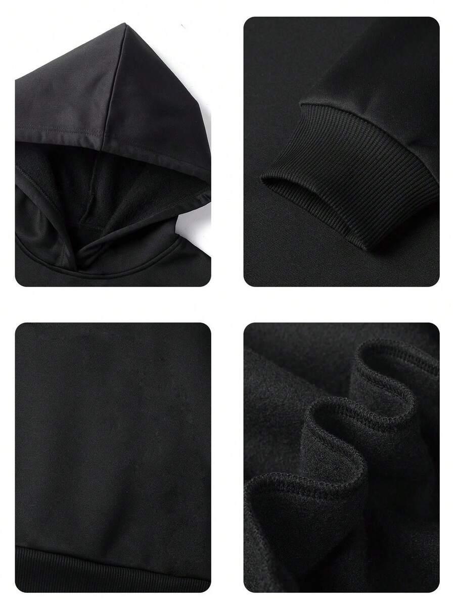 HUSTLE801 black cotton hoodie details with soft fleece lining, ribbed cuffs, and classic hood