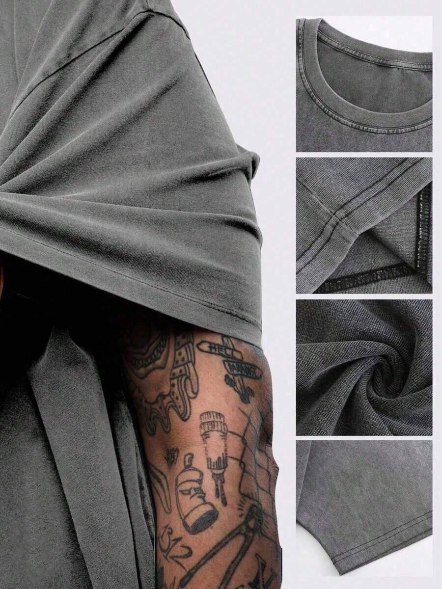 Dark grey cotton oversized t-shirt, soft fabric, visible HUSTLE801 label, relaxed streetwear style