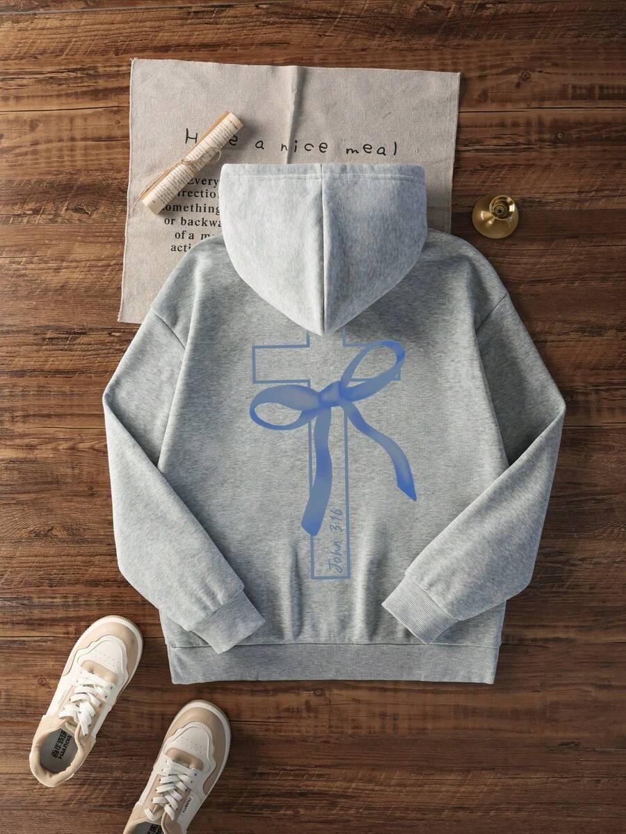 Gray cotton hoodie with blue cross and bow graphic, John 3:16 text, flat lay, HUSTLE801