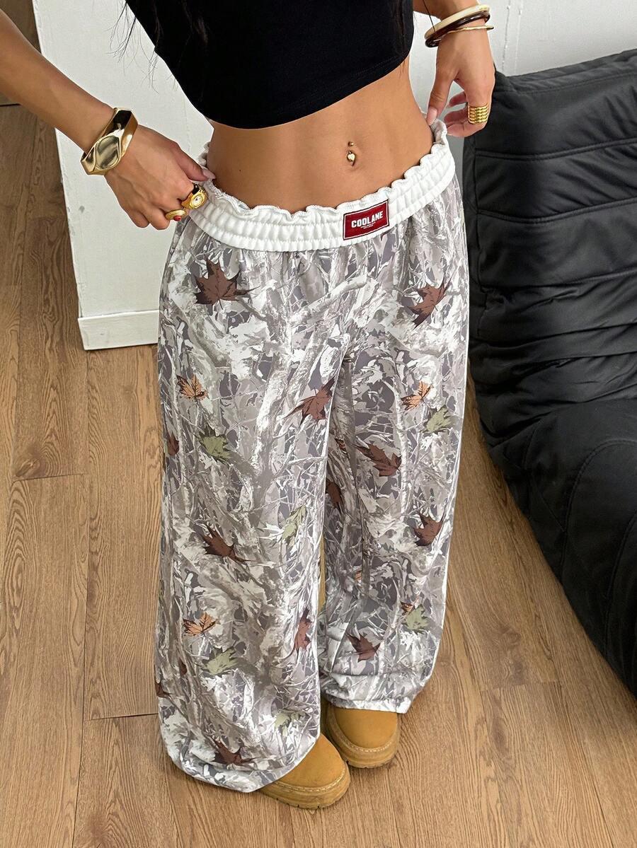 COOLANE baggy gray camo print cotton pants with autumn leaf pattern and white waistband