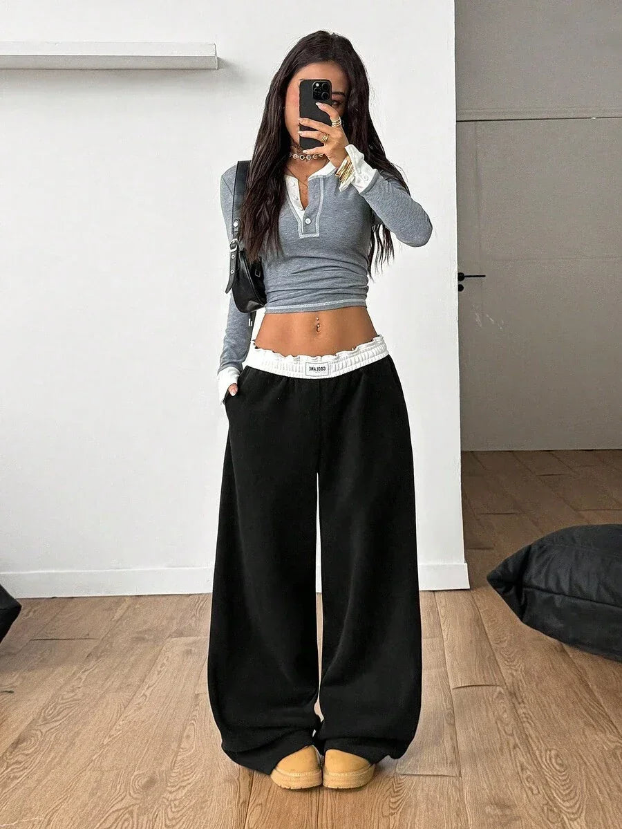 HUSTLE801 That Girl baggy black cotton pants with logo waistband, casual streetwear look