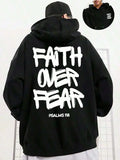 Black cotton Faith Over Fear Psalm 118 hoodie with bold white lettering, relaxed fit, streetwear style