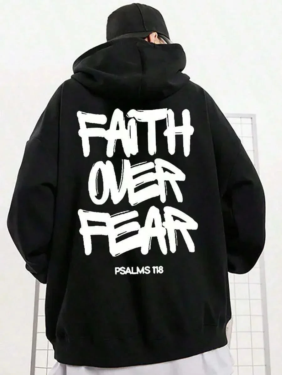 Black cotton hoodie with FAITH OVER FEAR PSALMS 118 graphic, streetwear style, HUSTLE801
