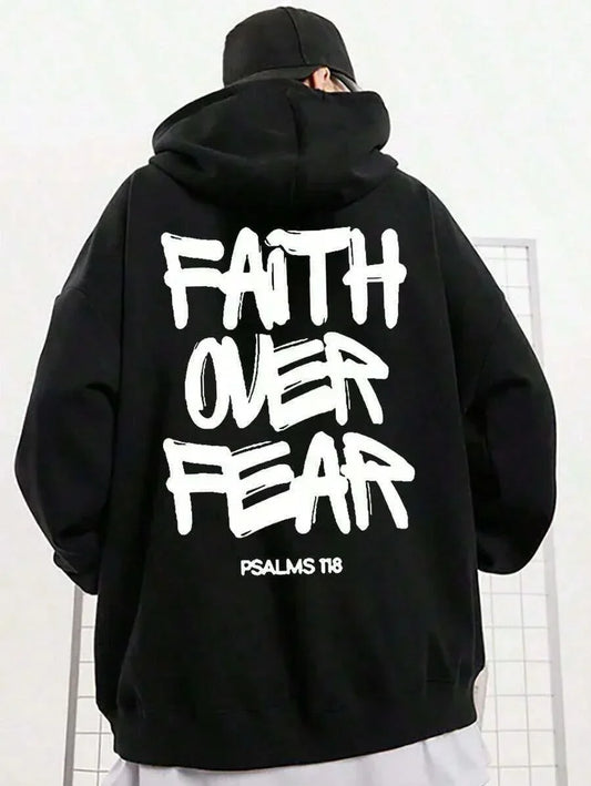 Black cotton hoodie with FAITH OVER FEAR PSALMS 118 graphic, streetwear style, HUSTLE801