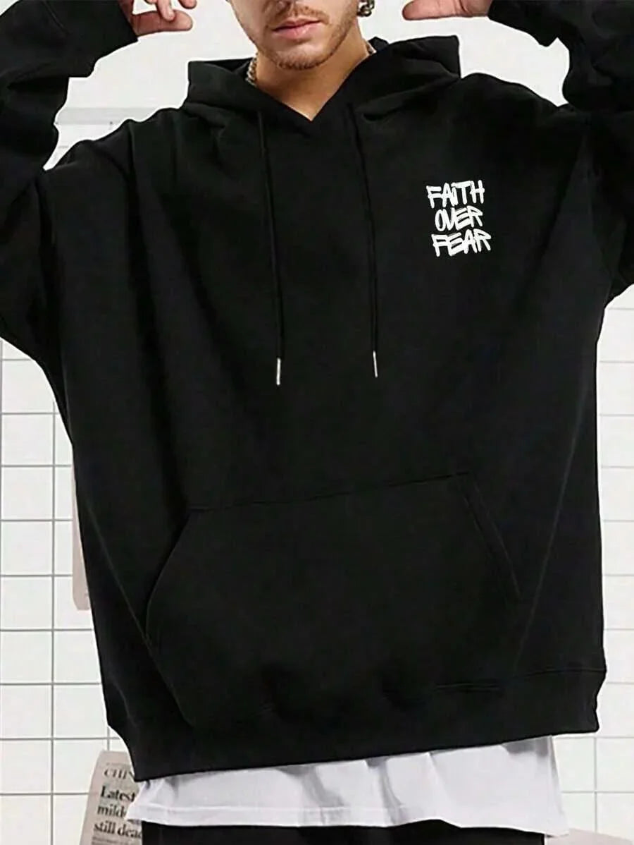 Faith Over Fear black cotton hoodie with front pocket and white graffiti logo by HUSTLE801