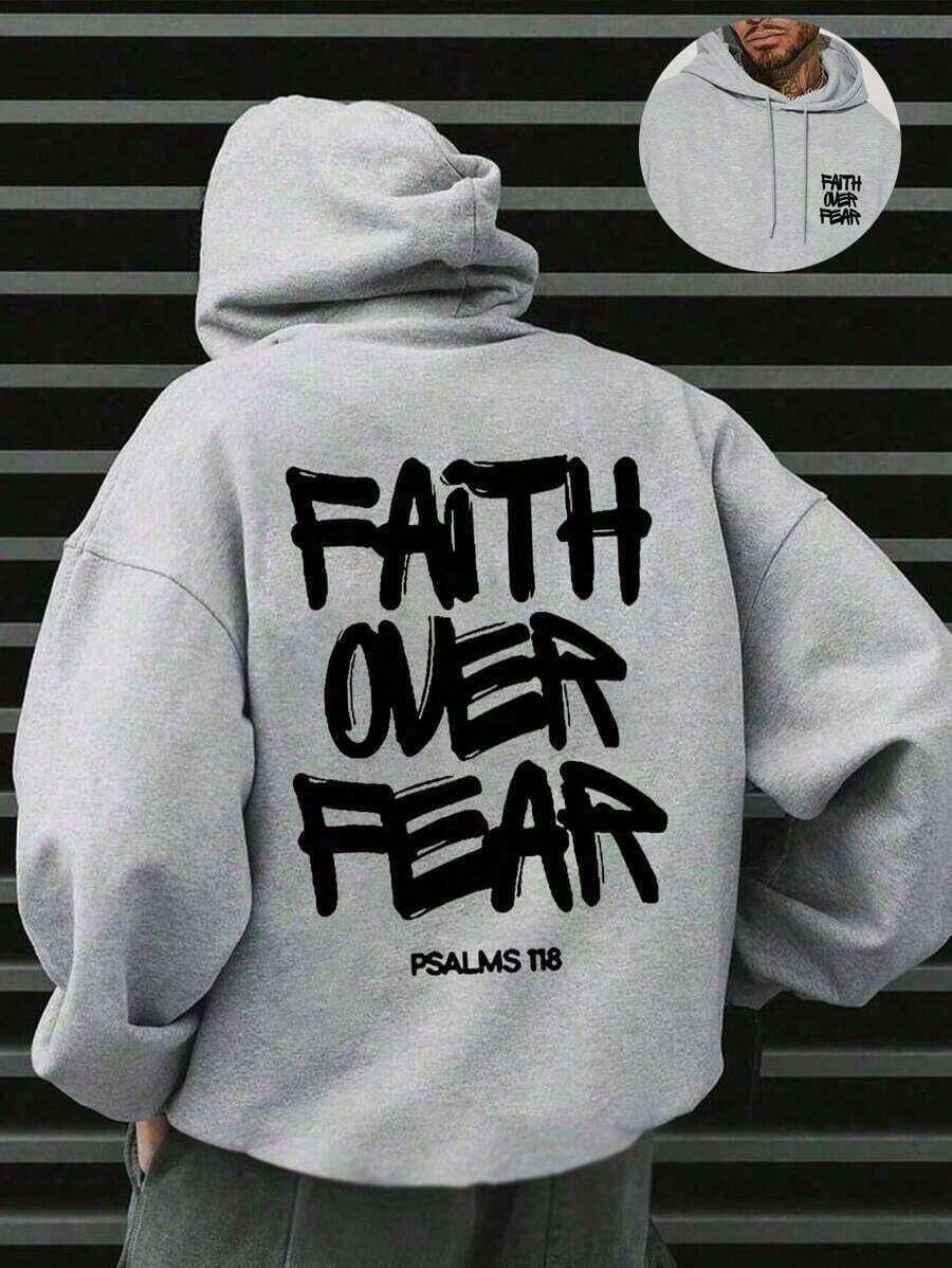 Grey cotton Faith Over Fear hoodie with bold black lettering, HUSTLE801 Psalms 118 design
