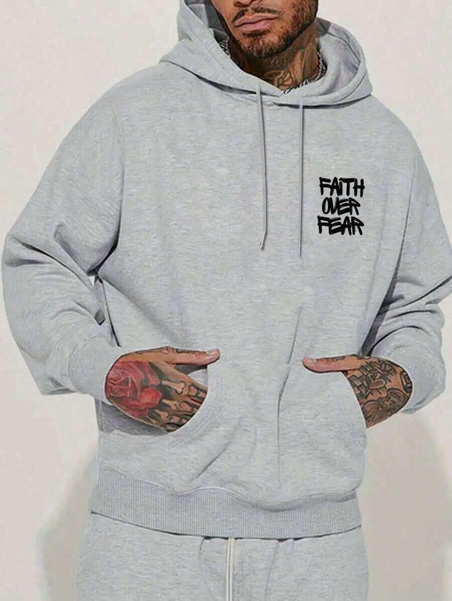 Faith Over Fear hoodie in light grey cotton, bold text chest logo, relaxed fit streetwear