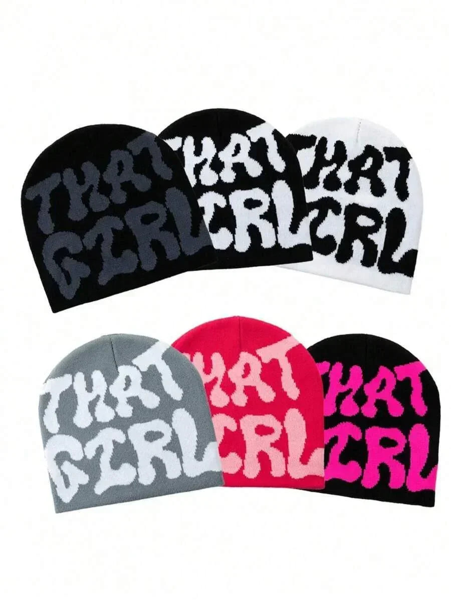 THAT GIRL beanies in black, white, gray, pink from HUSTLE801, cotton knit hats with bold lettering