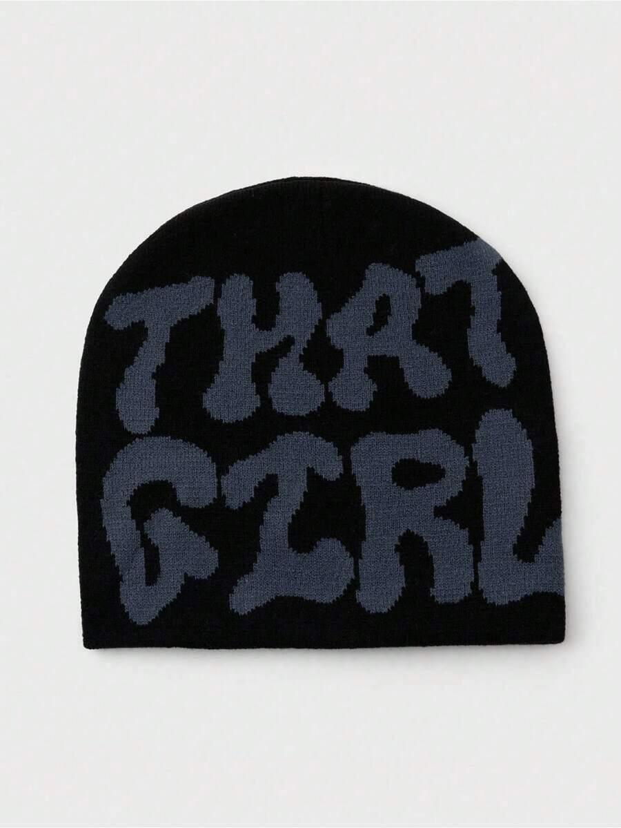 Black cotton THAT GIRL beanie with bold grey lettering, cozy streetwear from HUSTLE801