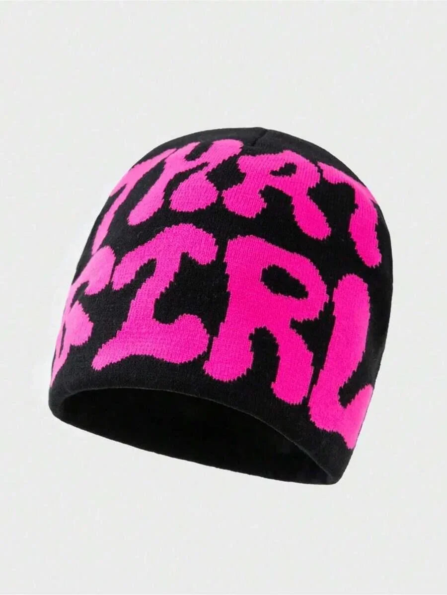 Black cotton HUSTLE801 That Girl beanie with bold pink lettering, streetwear style