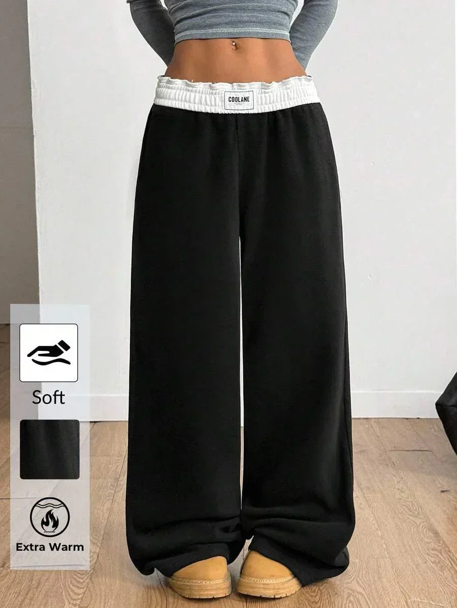 COOLANE black wide leg sweatpants with white elastic waistband, soft cotton, extra warm, cozy fit